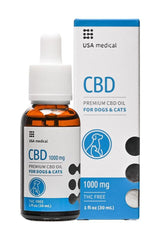 USA Medical CBD oil for dogs and cats, 1000 mg, unflavored, 30 ml bottle packaging.