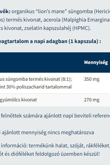 USA Medical Lion's Mane capsules nutritional information, highlighting mushroom extract and acerola benefits.