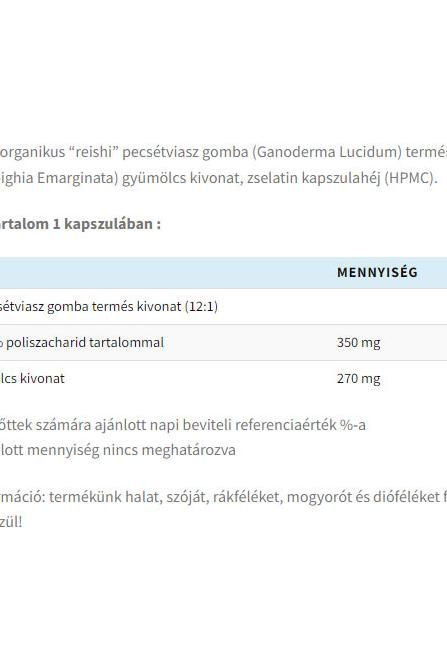 Ingredient list and nutritional information for USA medical Organic Reishi mushroom capsules, highlighting key components.