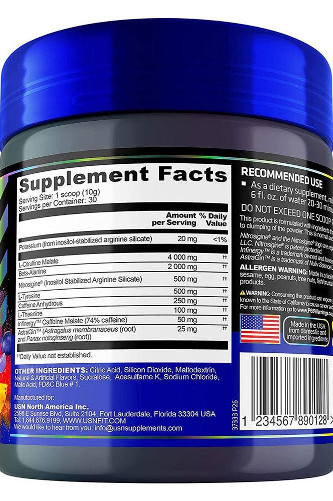 Supplement facts for USN 3XT Power Pre-Workout, showing serving size, ingredients, and nutritional information.