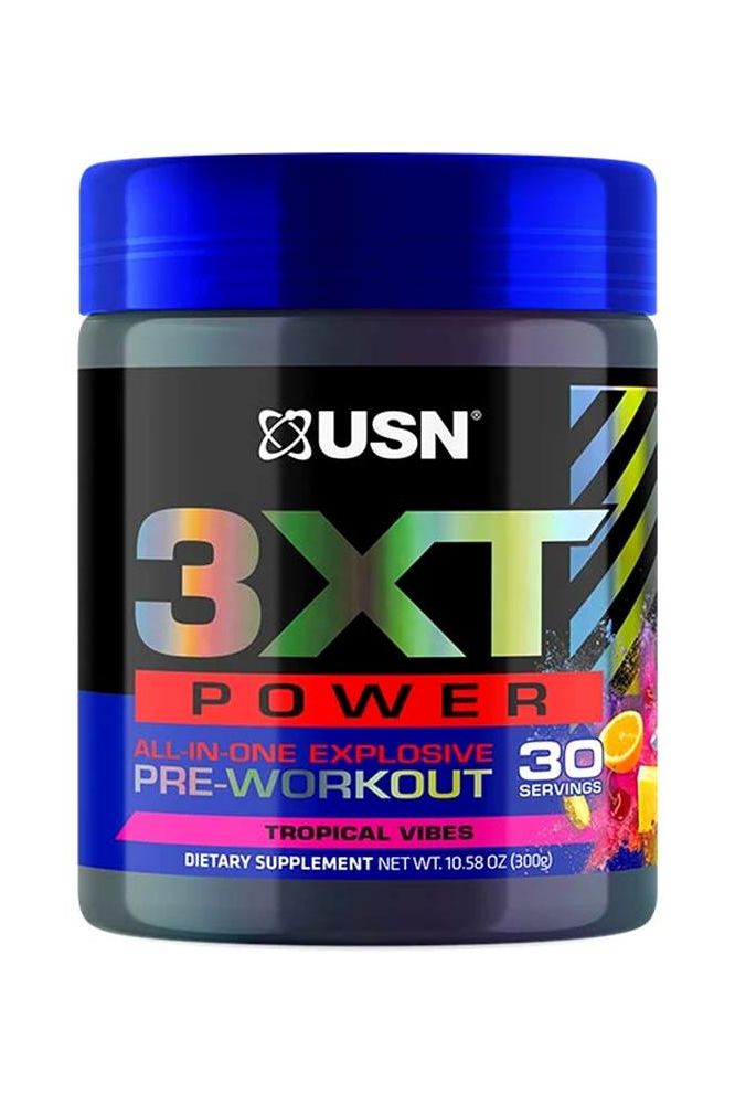 USN 3XT Power Pre-Workout Tropical Vibes, All-in-one explosive pre-workout, 30 servings supplement.