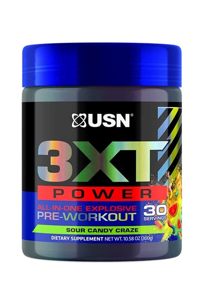 USN 3XT Power Pre-Workout supplement in Sour Candy Craze flavor, featuring energy-boosting ingredients for enhanced performance.