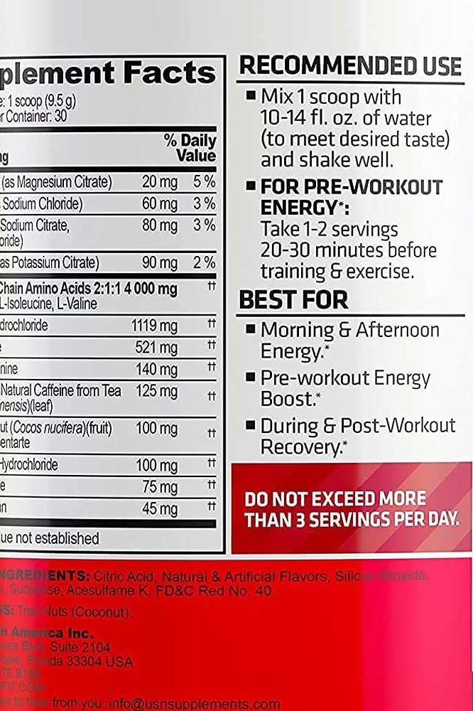 Supplement facts for USN AminoSTIM showing dosage, ingredients, and recommended usage.