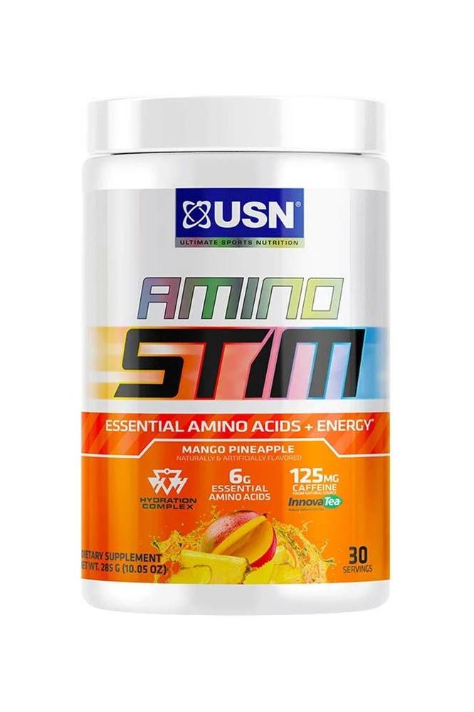 USN AminoSTIM Mango Pineapple, 6g essential amino acids, 125mg caffeine, energy supplement, 30 servings.