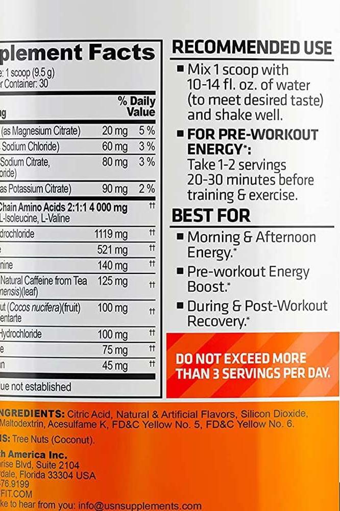 USN AminoSTIM supplement facts with amino acids, caffeine, and usage recommendations for energy and hydration.