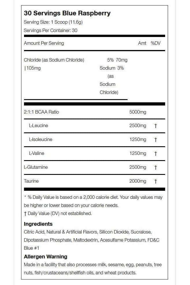 Nutritional information for USN BCAA Amino+, Blue Raspberry flavor, detailing serving size and ingredient composition.