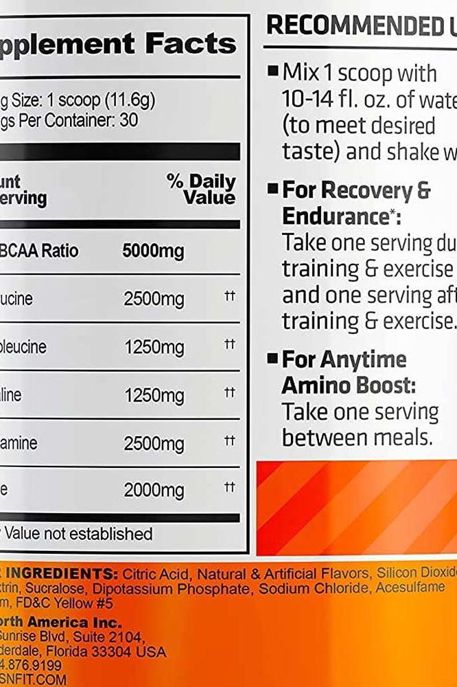 Supplement facts label for USN BCAA Amino+, detailing BCAA ratios, amino acid content, and recommended usage instructions.