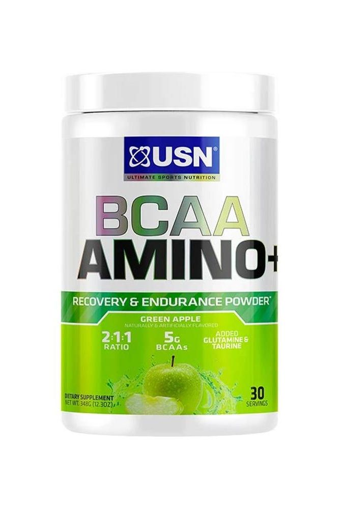 USN BCAA Amino+ powder in green apple flavor for recovery and endurance with 30 servings.
