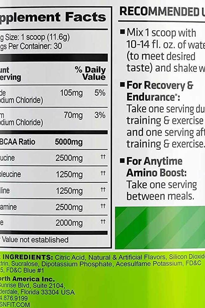 Nutrition label for USN - BCAA Amino+, detailing ingredients and serving suggestions.