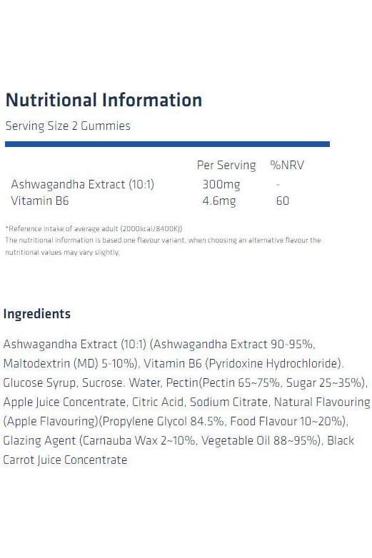 Nutritional information for USN LivSMART Ashwagandha Gummies, detailing ingredients and serving size.