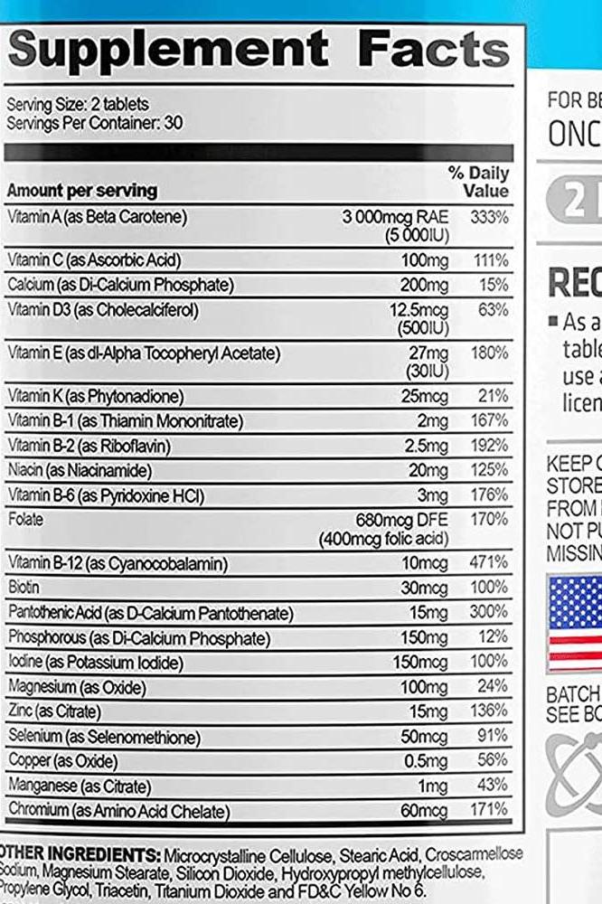 Supplement facts for USN Multivitamin showing vitamin and mineral content per serving, ideal for health-conscious consumers.