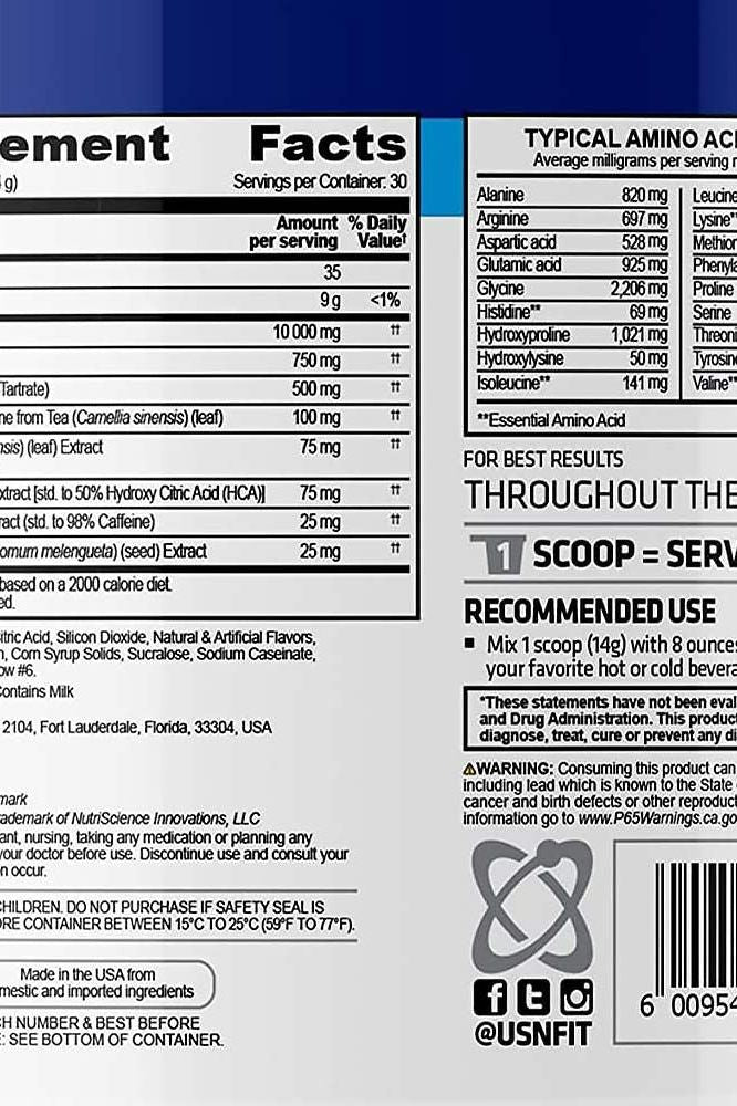 Supplement facts for USN Weight Loss Collagen, Mixed Berry flavor, detailing ingredients and nutritional information.