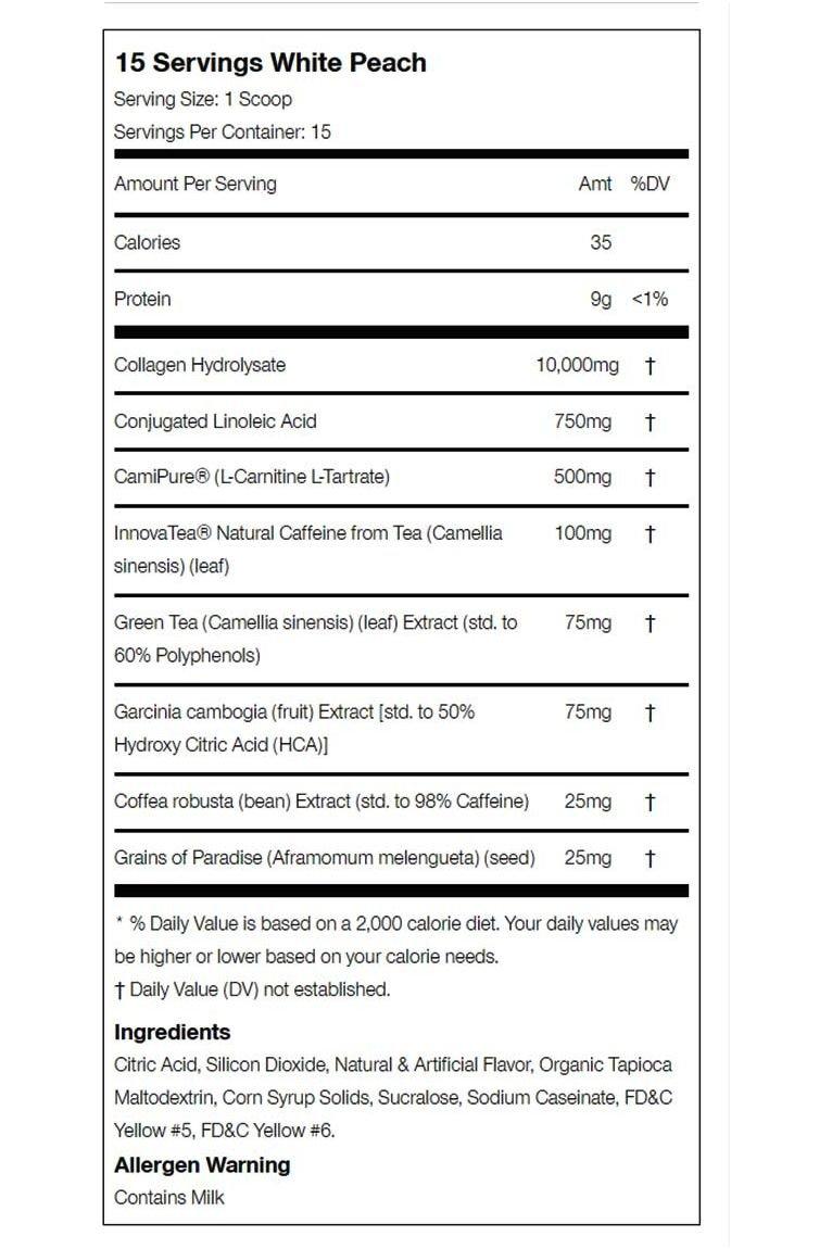 Nutritional information for USN Weight Loss Collagen in White Peach flavor, highlighting key ingredients and health benefits.