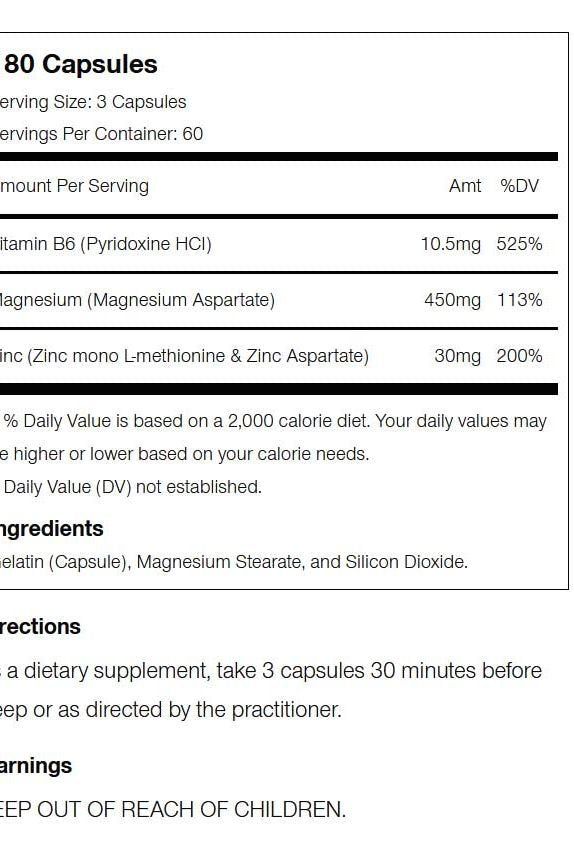 Supplement facts for USN Z-MAG+ showing 180 capsules, vitamins, minerals, and daily values.