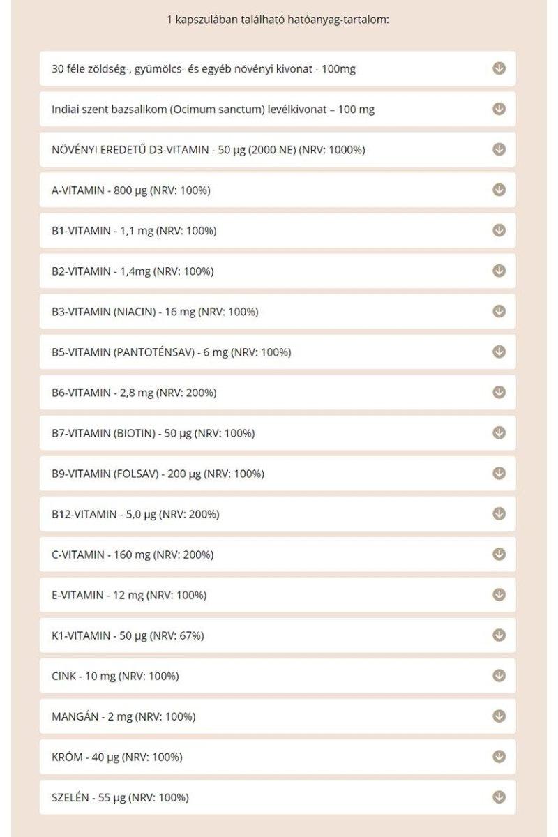 Nutritional information table for Vegnum Multi-D Plus capsules listing vitamins and minerals.