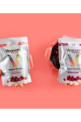 Vegnum Nutri Fruits gummies packaging showcasing Ashwaganda and blueberry benefits on vibrant background.