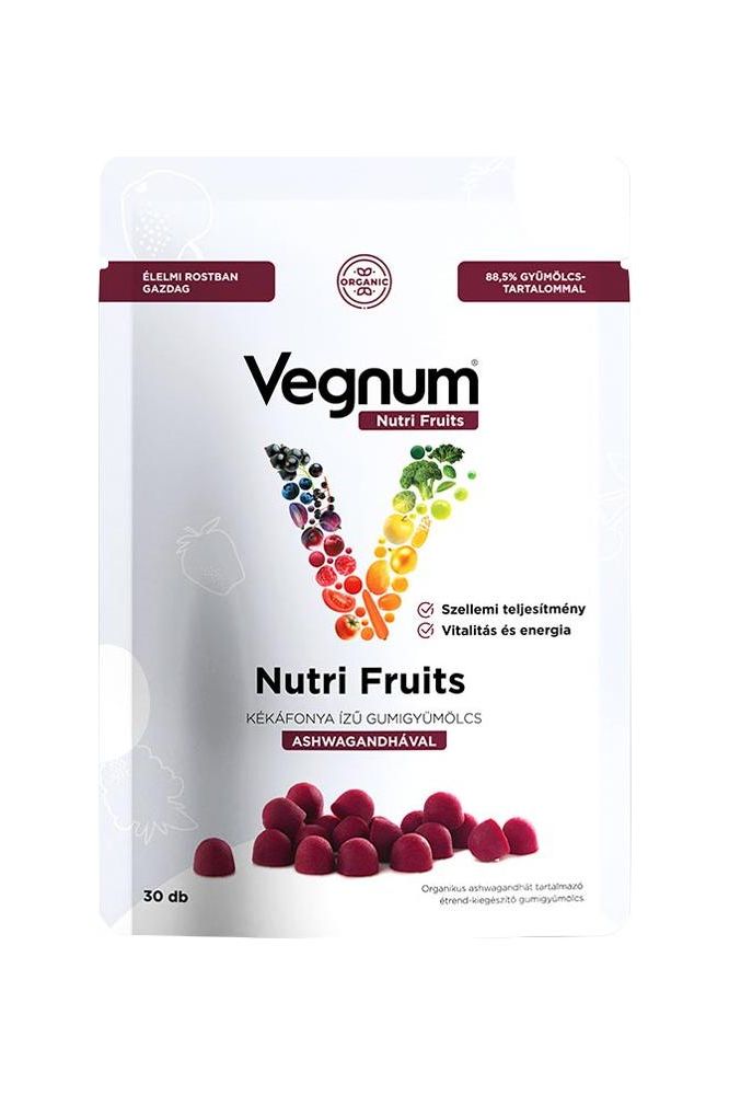 Vegnum Nutri Fruits with Ashwagandha and Blueberry, 30 gummies in a vibrant package for immune support and energy boost.