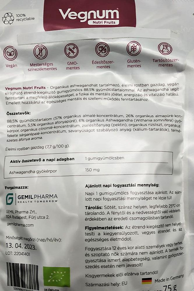 Vegnum Nutri Fruits package back with ingredients and usage instructions for vegan and gluten-free gummies.