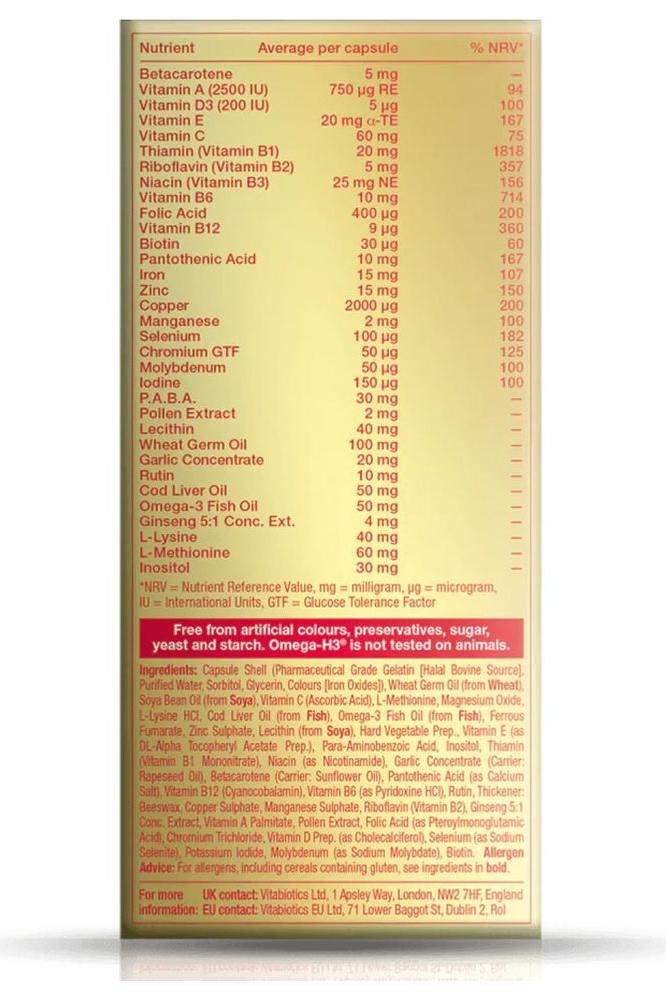 Nutritional information label for Vitabiotics Omega-H3 Original 30 capsules, showcasing vitamins and minerals.