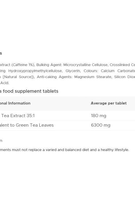 Nutritional information for Vitabiotics Ultra Green Tea supplement tablets, detailing green tea extract and leaf equivalent.