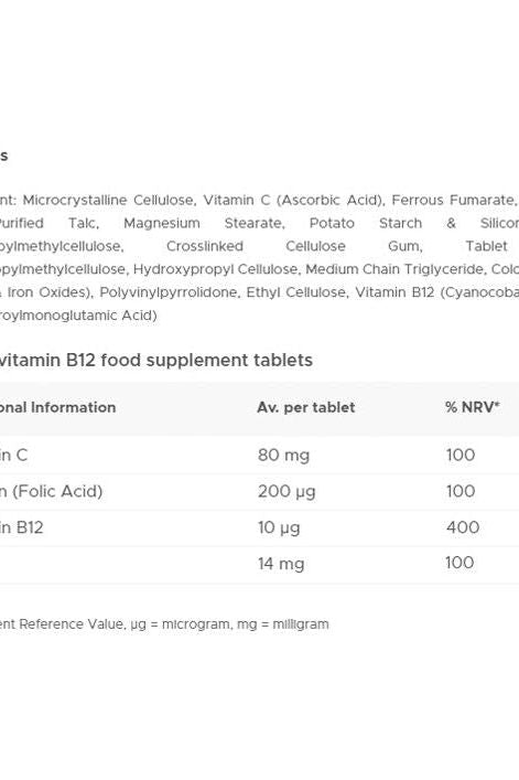 Nutrition label for Vitabiotics Ultra Iron tablets showing vitamin C, B12, and folic acid contents.