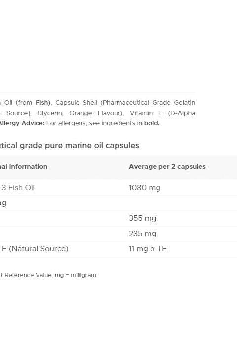 Nutritional information for Vitabiotics Ultra Omega-3 capsules detailing ingredients and their quantities.