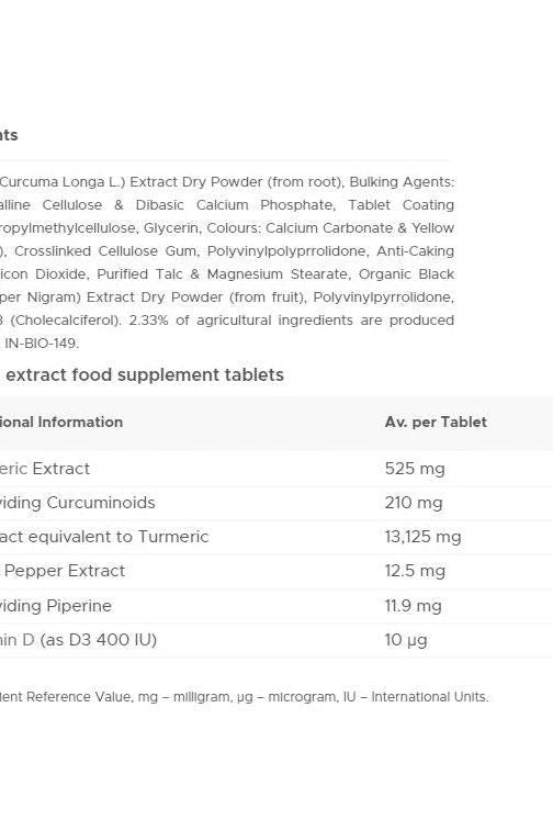 Nutritional information for Vitabiotics Ultra Turmeric capsules, detailing active ingredients and amounts per tablet.