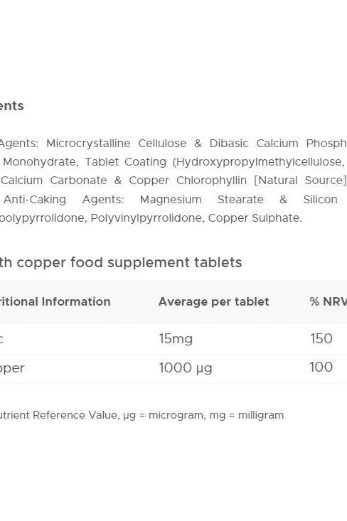 Ingredients and nutritional information for Vitabiotics Ultra Zinc 15 mg food supplement tablets.