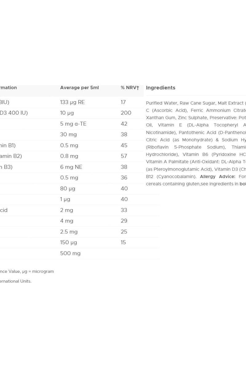 Nutritional information and ingredients for Vitabiotics Wellbaby Multi-vitamin Liquid 150ml