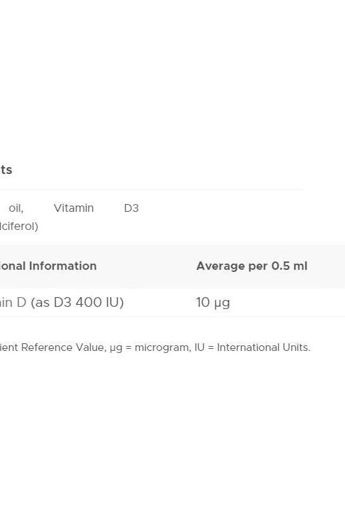 Nutrition facts for Wellbaby Vitamin D Drops, showing Vitamin D content per 0.5 ml serving.