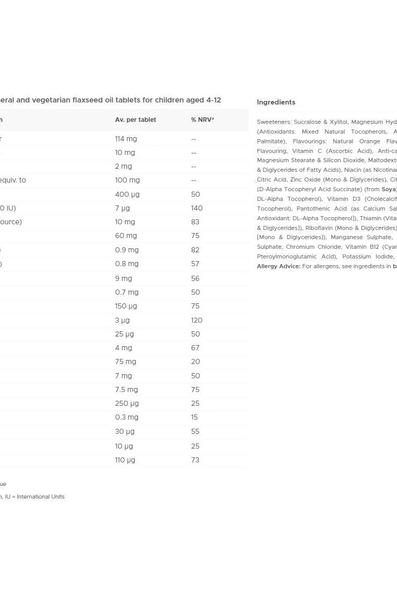 Nutritional information and ingredients for vegetarian flaxseed oil tablets for children aged 4-12, detailing vitamins and minerals.