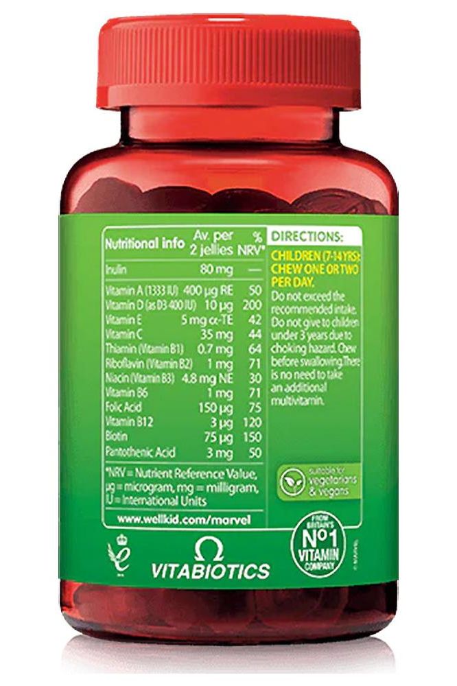 Nutritional information and directions for Vitabiotics Wellkid Marvel Multi-Vits gummies in a red bottle.