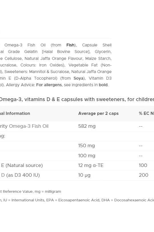 Nutritional information for Vitabiotics Wellkid Omega-3 chewable capsules for children, highlighting key ingredients and benefits.