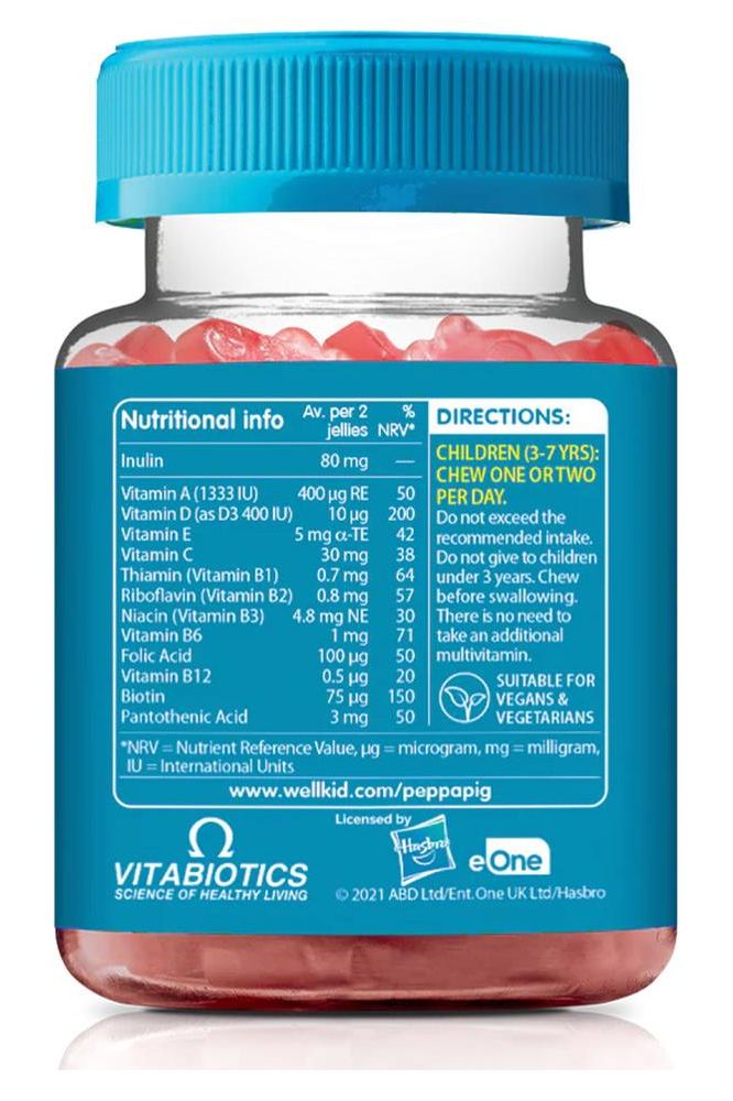 Vitabiotics Wellkid Peppa Pig Multi-Vits Strawberry gummies bottle, designed for children's nutritional needs.