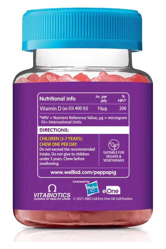 Wellkid Peppa Pig Vitamin D gummies bottle with nutritional info and directions for children aged 3-7 years.