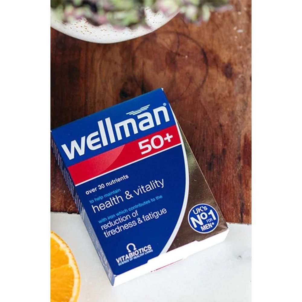 Vitabiotics Wellman 50+ supplement box designed for men over 50, featuring over 30 nutrients for health and vitality.