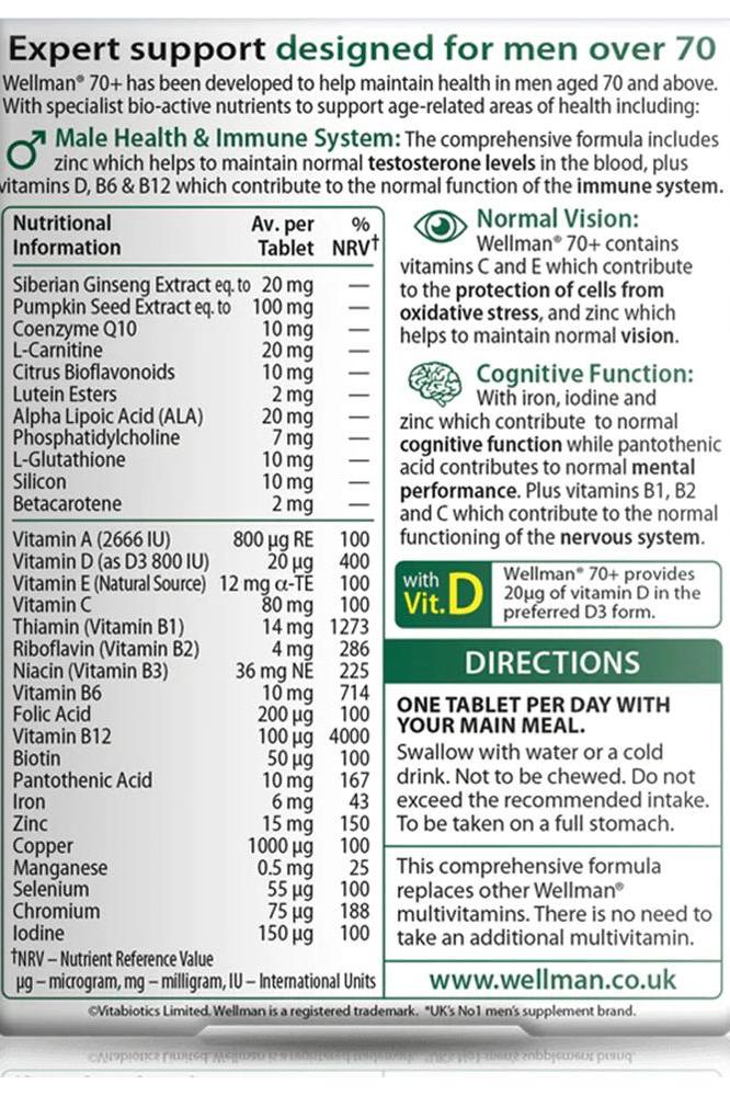 Nutritional label for Wellman 70+ vitamins, featuring ingredients for men's health over 70, including vitamins and minerals.