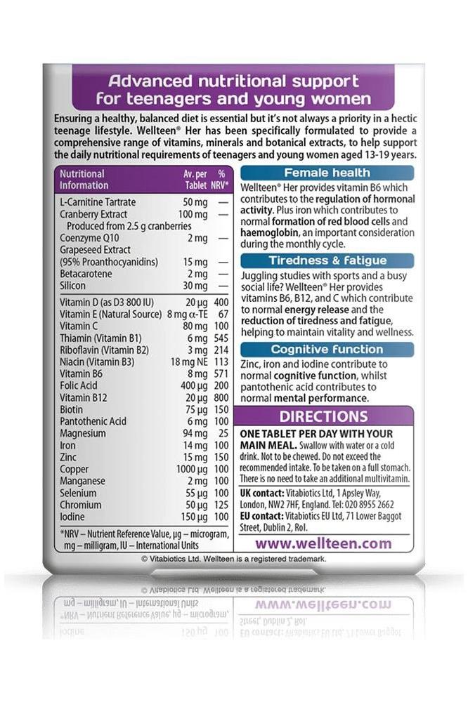 Product label for Vitabiotics Wellteen Her, detailing nutritional support for teenagers and young women.