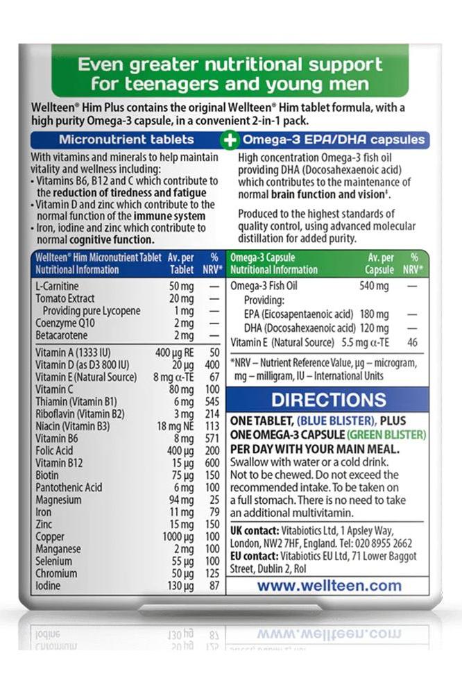 Nutritional information for Vitabiotics Wellteen Him Plus - advanced support for teenagers and young men.