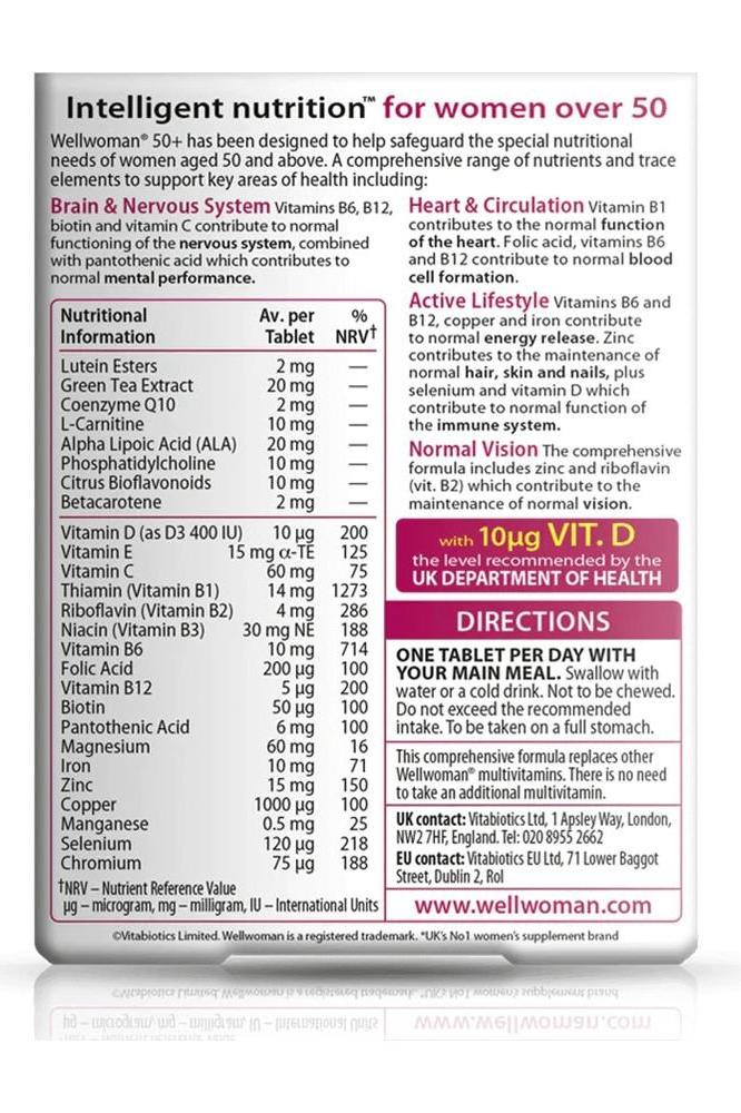 Wellwoman 50+ dietary supplement nutrition label highlighting nutrients for women over 50 years.