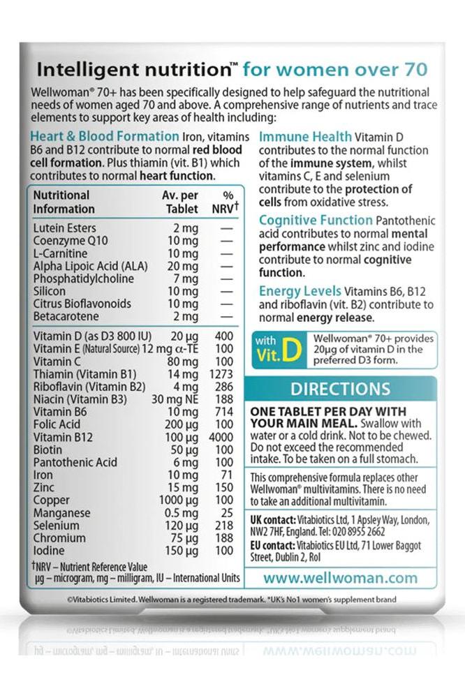 Supplement facts for Vitabiotics Wellwoman 70+, nutritional information for women over 70, 30 tablets.