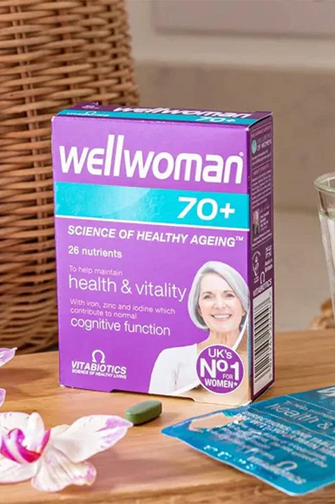 Vitabiotics Wellwoman 70+ supplement box, designed for women over 70, with 26 nutrients for health and vitality.