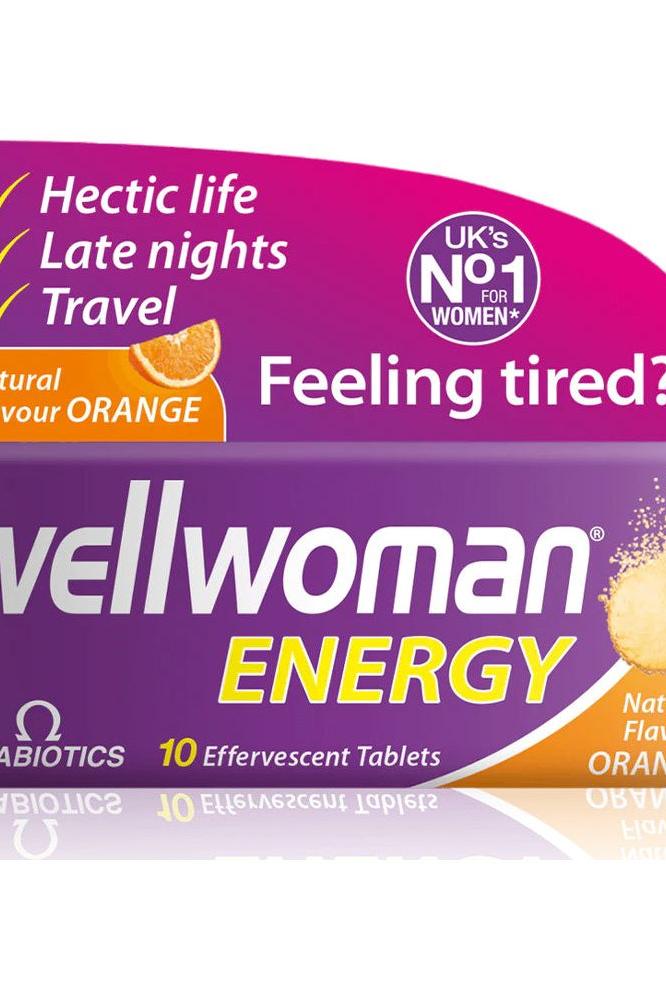 Wellwoman Energy effervescent tablets packaging, featuring orange flavor and benefits for busy women.