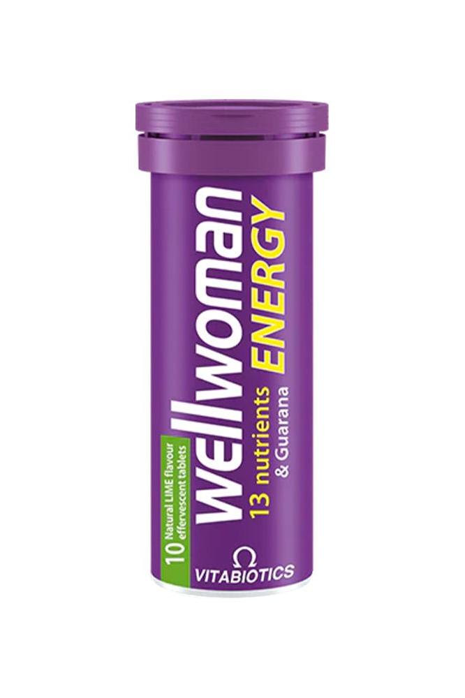 Vitabiotics Wellwoman Energy effervescent tablets in purple tube, providing nutrients for energy support.