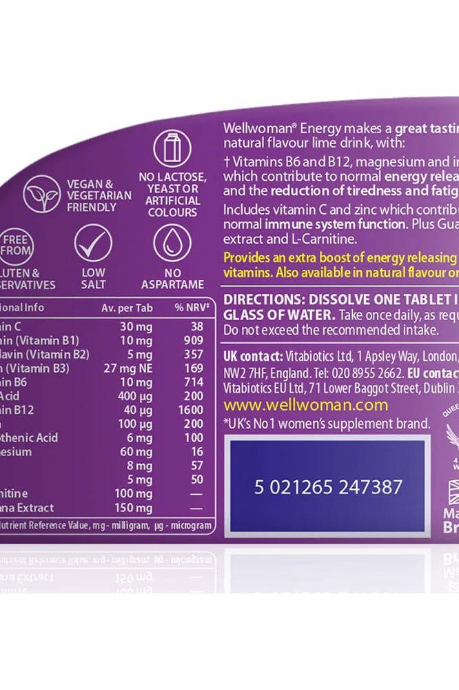 Wellwoman Energy supplement label with vitamins B6, B12 and L-Carnitine for energy and immune support.