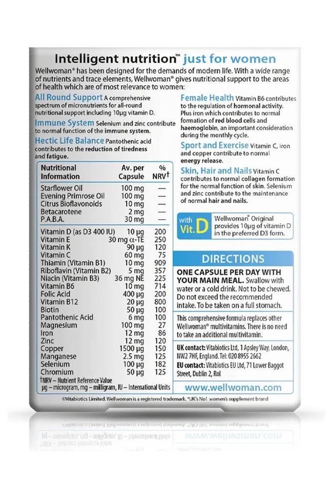 Nutritive information for Vitabiotics Wellwoman Original, a multivitamin designed for women's health and modern lifestyles.