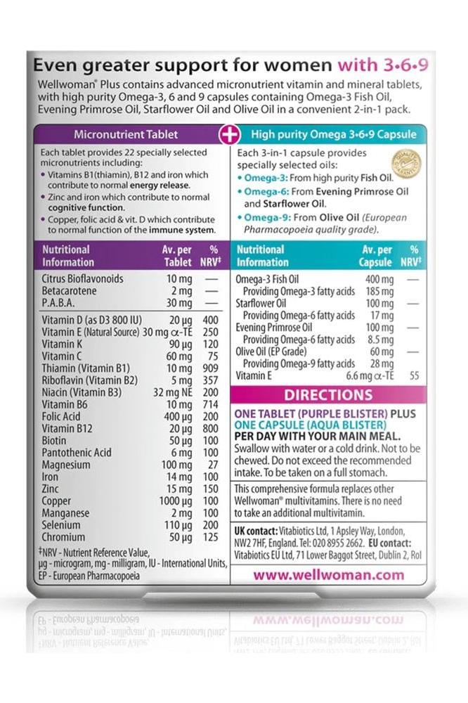 Instructions and ingredients for Vitabiotics Wellwoman Plus Omega 3-6-9 dietary supplement for women.