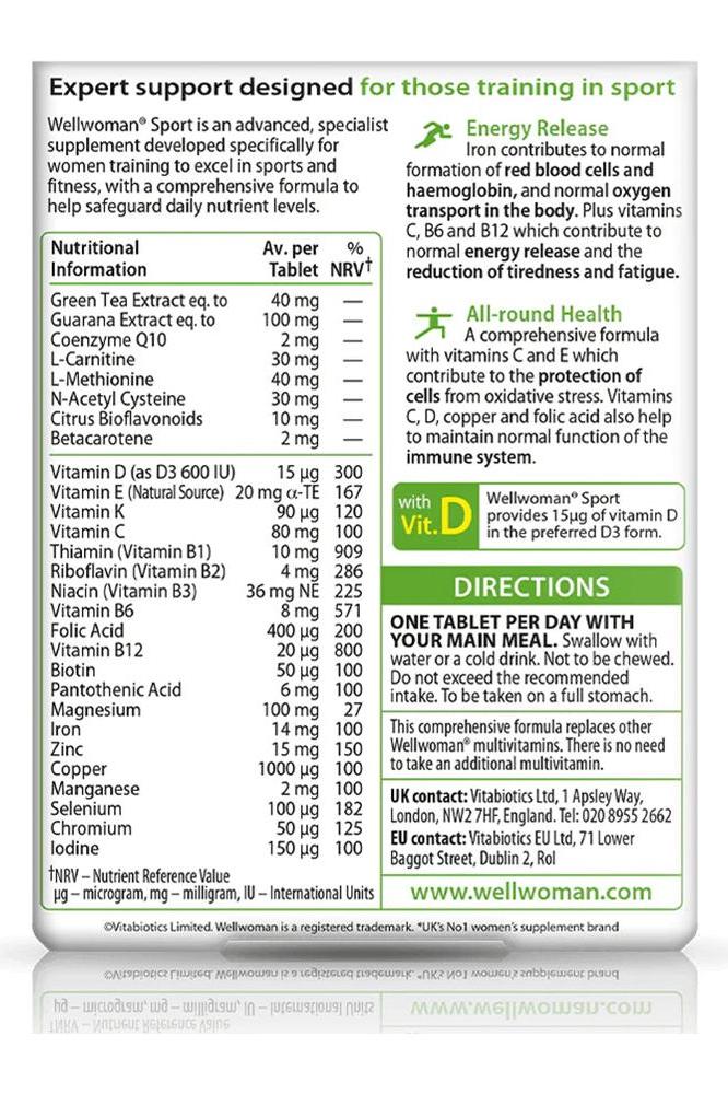 Nutritional information for Vitabiotics Wellwoman Sport tablets, designed for active women in sports.