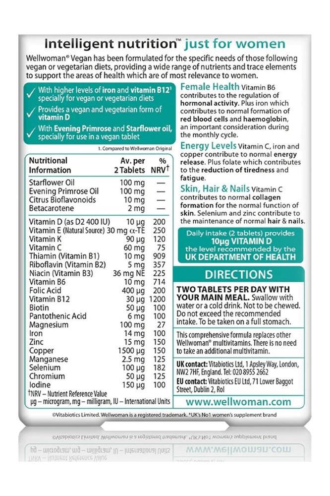 Nutritional information for Vitabiotics Wellwoman Vegan tablets designed for women's health and dietary support.