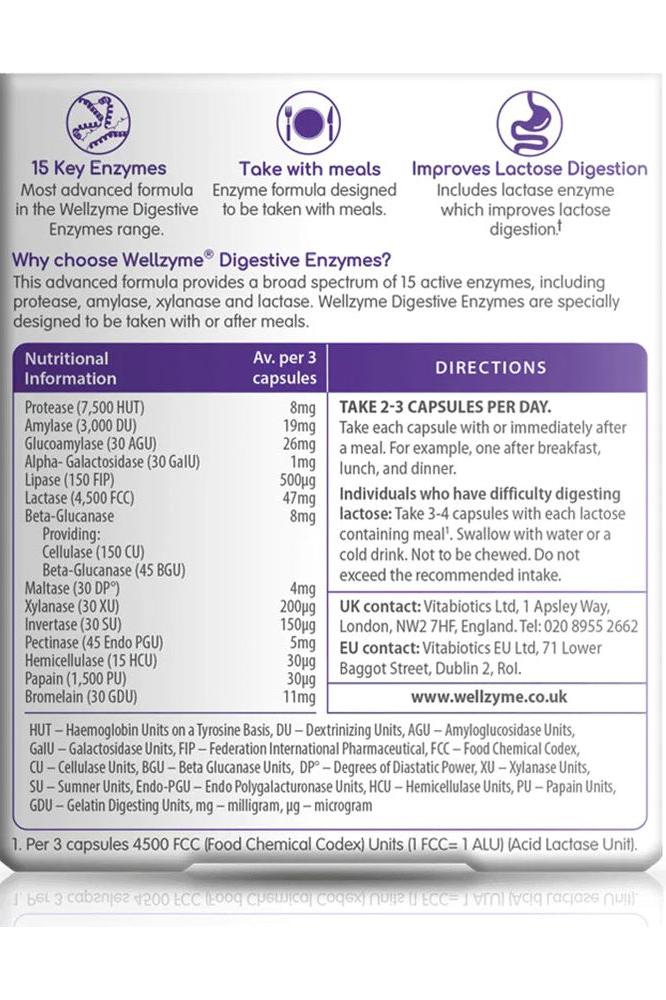Nutritional information and instructions for Wellzyme Digestive Enzymes Advanced Formula 60 Capsules.